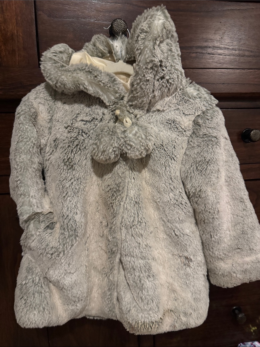 Plush Hooded Kids Coat with Pom-Pom Ties - Gray
